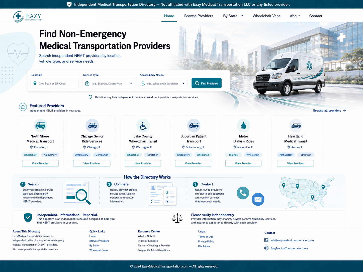 Medical transportation van outside a medical building